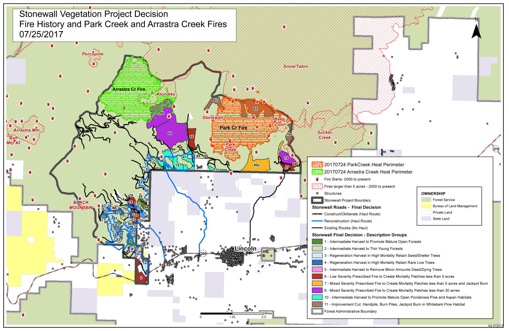 Map of the Stonewall Vegetation Project Decision with fire history of the area